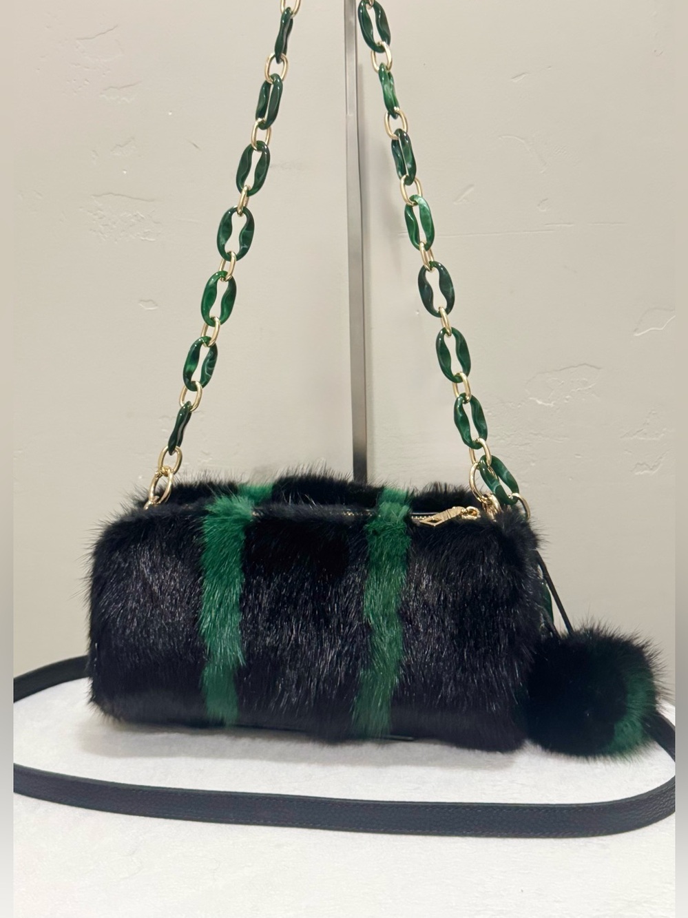 Colorblock Real Mink Fur Handcrafted Barrel Bag/Crossbody & Fur Ball Bag Charm